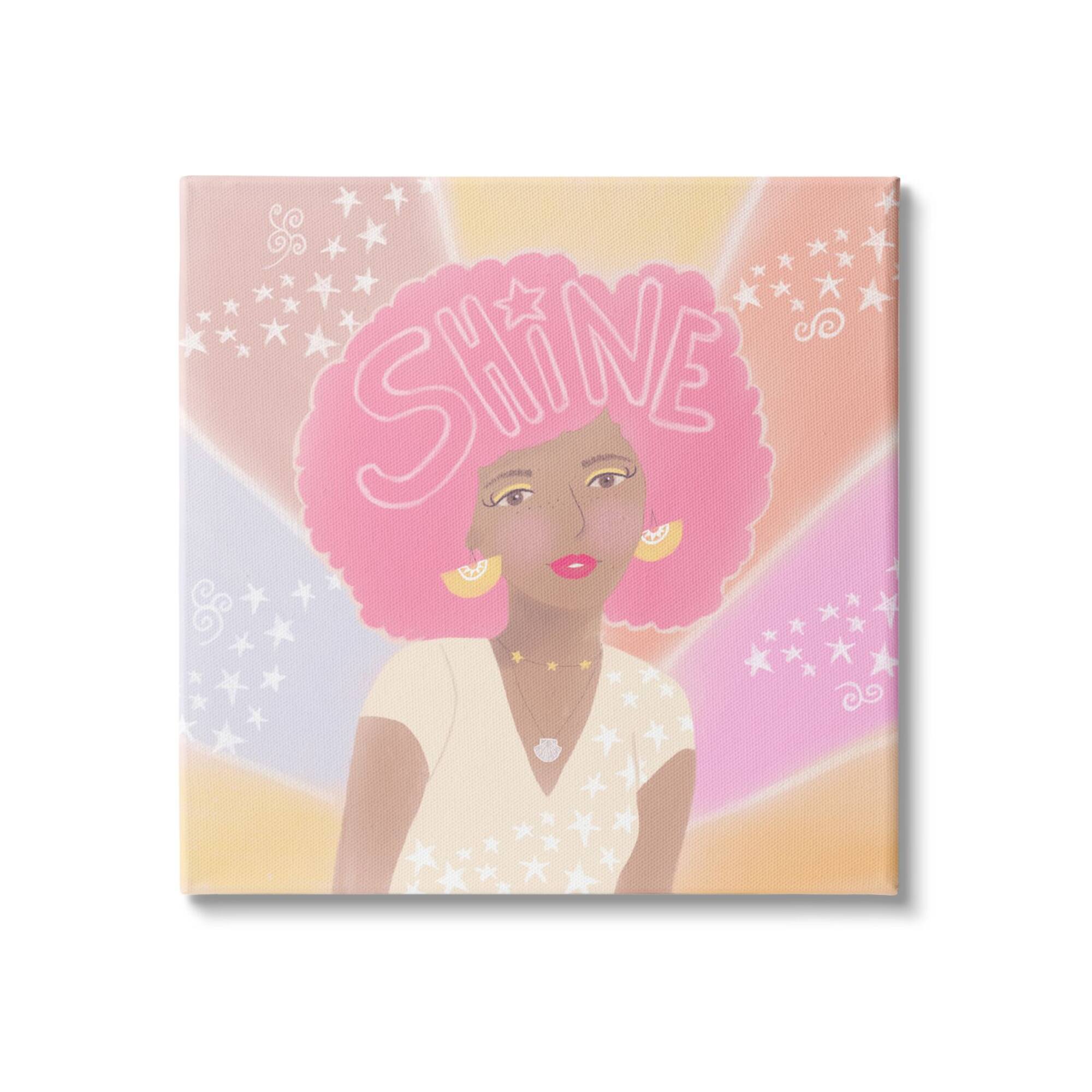 Stupell Industries Playful Shine Phrase Girl with Afro Rainbow Stars Canvas Wall Art